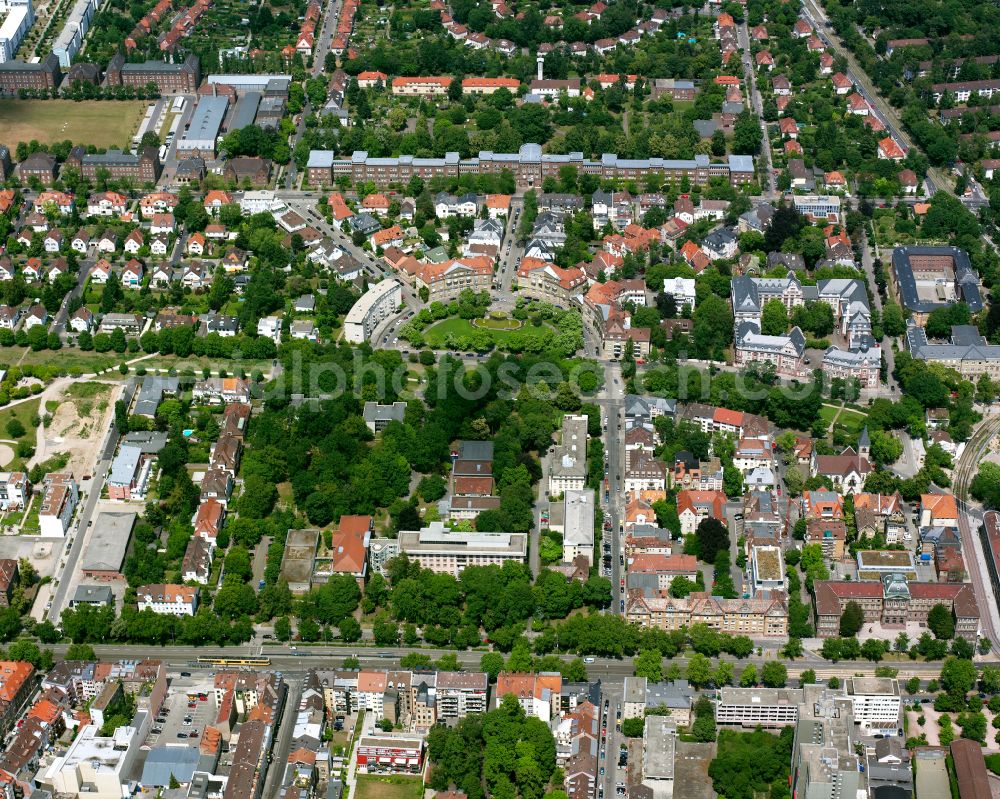 Weststadt from above - Residential area - mixed development of a multi-family housing estate and single-family housing estate in Weststadt in the state Baden-Wuerttemberg, Germany