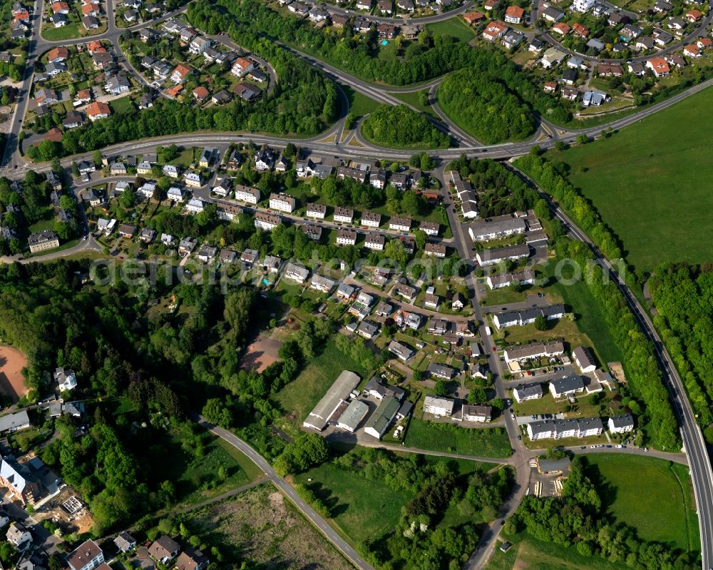 Montabaur from the bird's eye view: Residential area in Montabaur in the state Rhineland-Palatinate. The official tourist resort is the seat of administration of the county district of Westerwald. The town is an economic centre of the region and know for its castle and train station