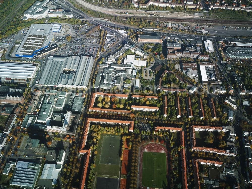 Berlin from above - Residential area in the North of Alboinplatz Square in the district f Tempelhof-Schoeneberg in Berlin in Germany. The area consists of several residential buildings and estates with green areas and sports facilities and is located along Alboinstrasse in the East of a commercial area