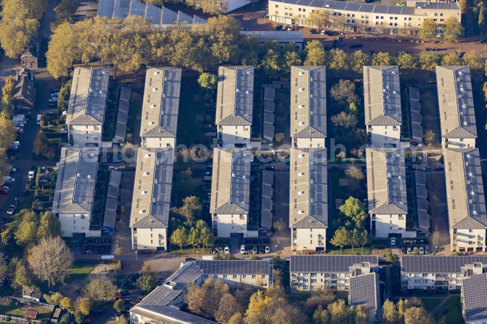 Bottrop from the bird's eye view: Multi-family residential area in the form of a row house settlement on street Otto-Joschko-Strasse in Bottrop at Ruhrgebiet in the state North Rhine-Westphalia, Germany