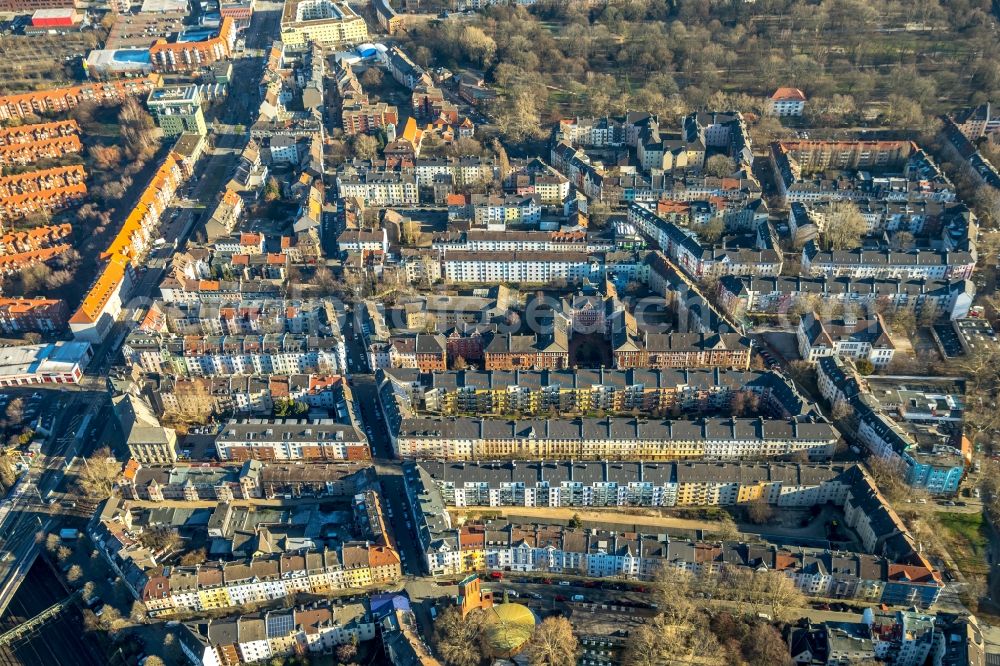 Aerial image Dortmund - Residential area a row house settlement Unionstrasse - Adlerstrasse in the district Dorstfelder Bruecke in Dortmund in the state North Rhine-Westphalia, Germany