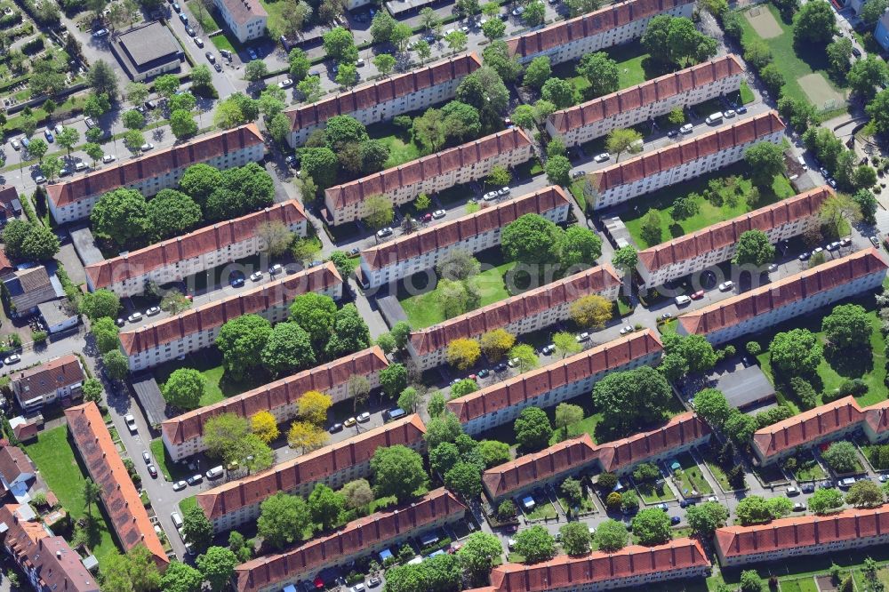 Freiburg im Breisgau from above - Residential area of a row house settlement in the district Haslach in Freiburg im Breisgau in the state Baden-Wurttemberg, Germany