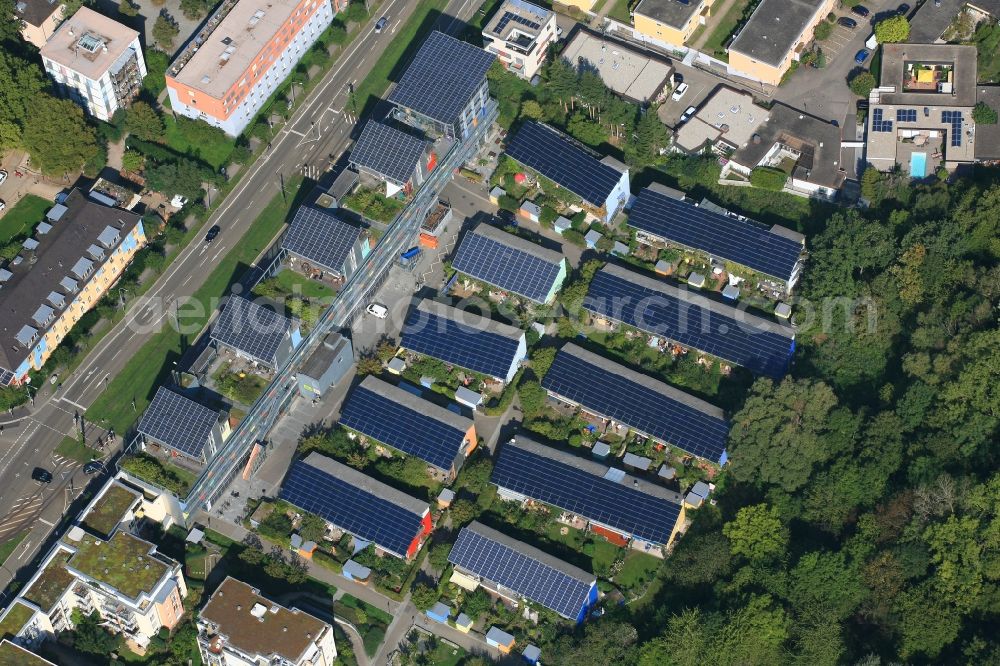 Aerial image Freiburg im Breisgau - Residential area Sunship Sonnenschiff with photovoltaics on the roof in Freiburg im Breisgau in the state Baden-Wurttemberg, Germany