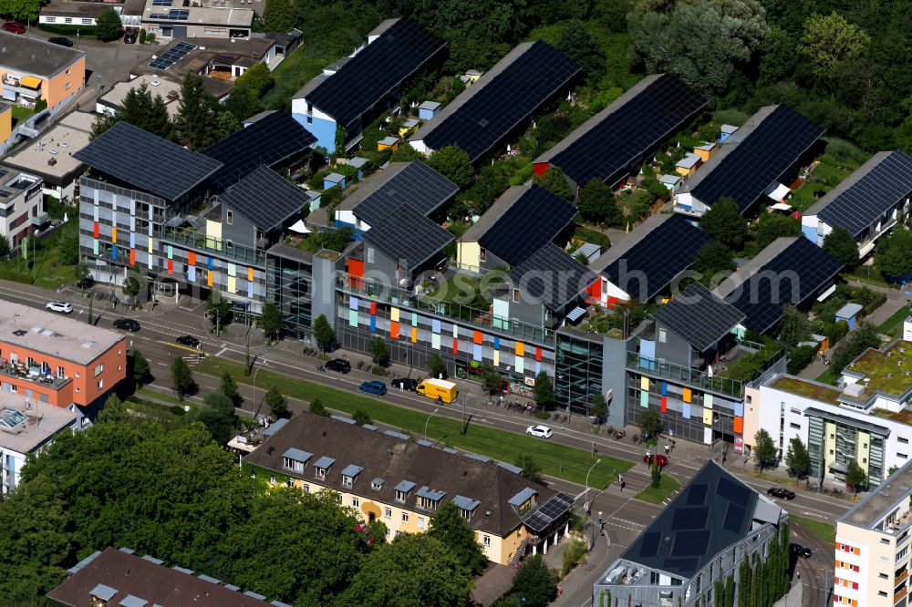 Aerial image Freiburg im Breisgau - Residential area Sunship sunship with photovoltaics on the roof in Freiburg im Breisgau in the state Baden-Wurttemberg, Germany