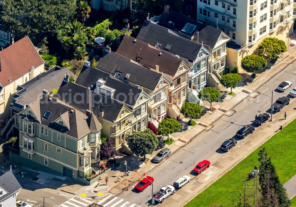 San Francisco from the bird's eye view: Residential a row house at the Victorian houses with at the Painted Ladies Steiner Street in San Francisco, California, USA