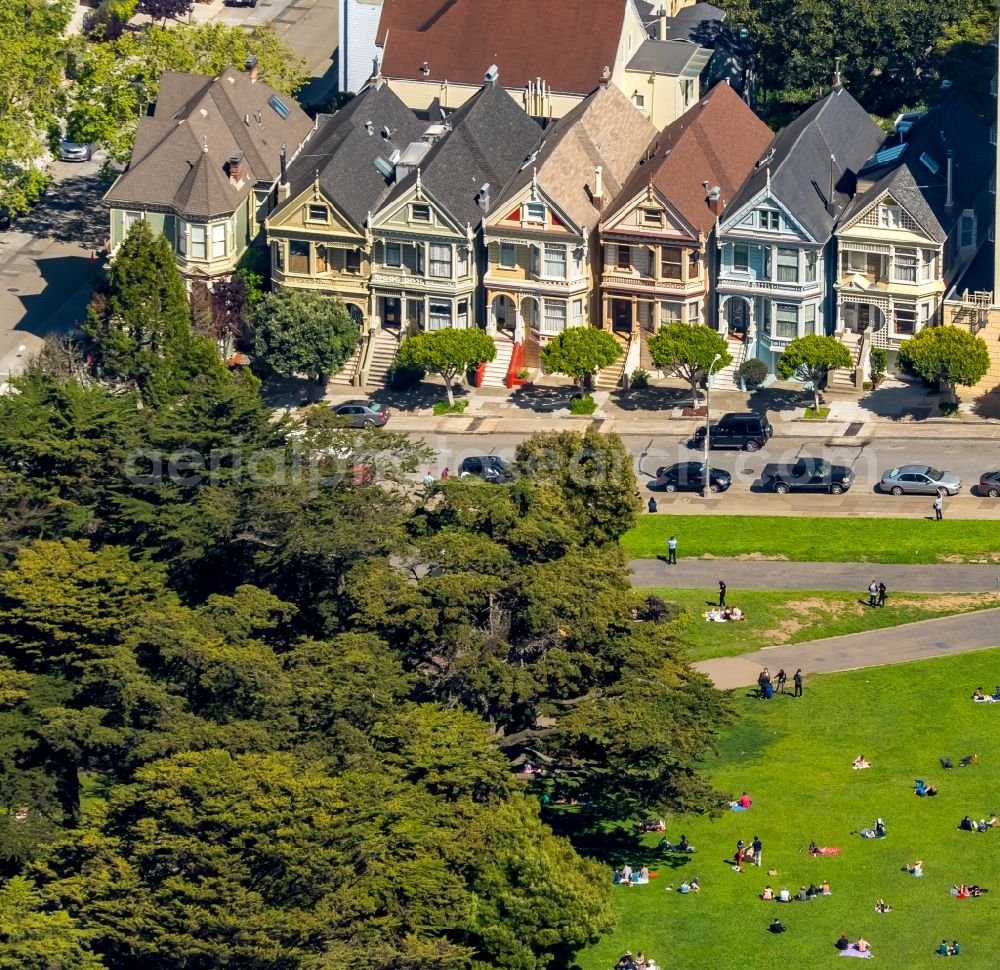 San Francisco from above - Residential a row house at the Victorian houses with at the Painted Ladies Steiner Street in San Francisco, California, USA