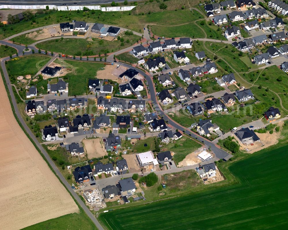 Aerial photograph Andernach - Residential area in the South of Andernach in the state of Rhineland-Palatinate. The town is located in the county district of Mayen-Koblenz on the left riverbank of the river Rhine. The town is characterised by industry, consists of five boroughs and districts and belongs to the oldest towns in Germany. A residential area with single family houses, gardens and allotments is located in the South of Andernach along a field