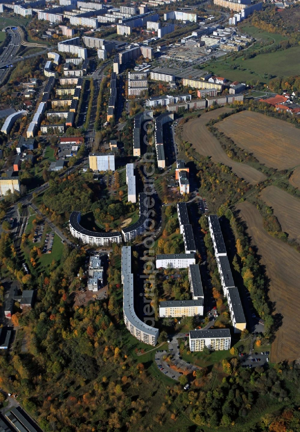 Aerial image Jena - Housing area at the road Erlanger Allee in district Lobeda of Jena in Thuringia