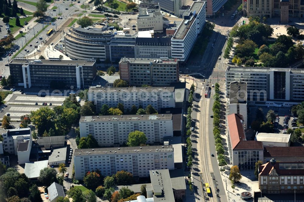 Aerial image Chemnitz - Plattenbau - Hochhaus - Wohngebiet in der Straße der Nationen in Chemnitz im Bundesland Sachsen. / Residential area at Strasse der Nationen in Chemnitz in Saxony.