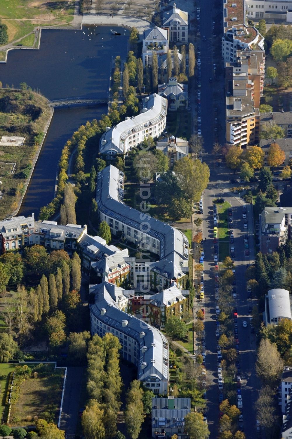 Berlin from above - Residential area of the multi-family house settlement on Tegeler Hafen in the district Reinickendorf in Berlin, Germany