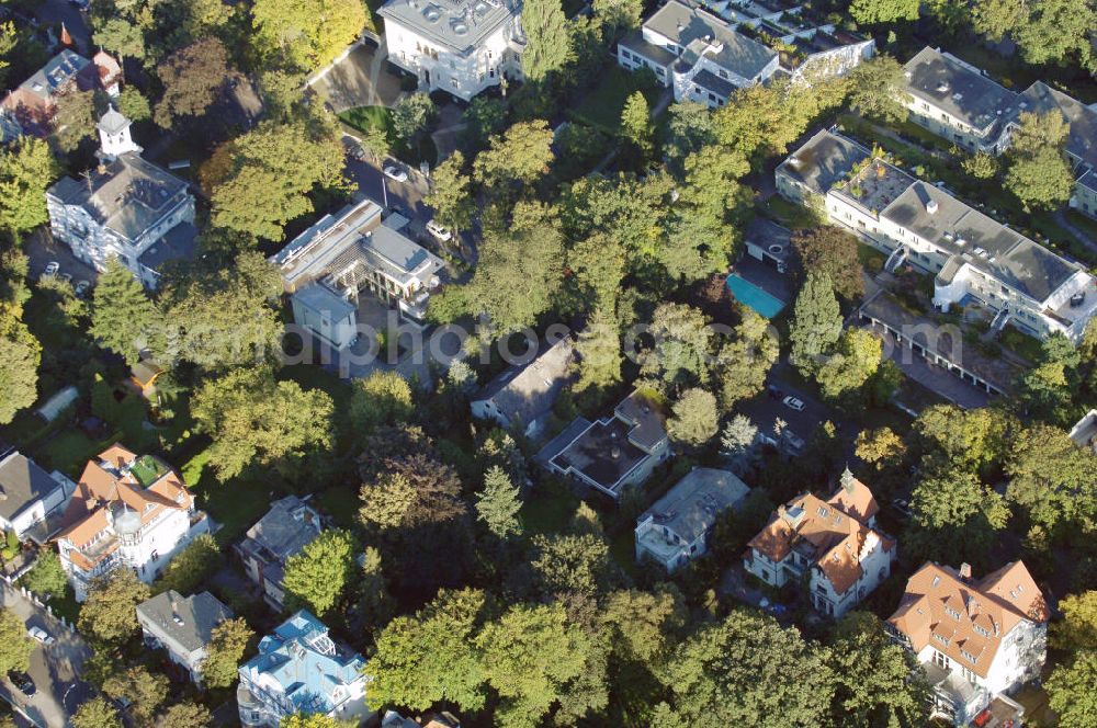 Berlin from above - Blick auf das die Ein- und Mehrfamilienhäuser im Wohngebiet an der Winklerstrasse / Trabener Strasse in Berlin-Grunewald am Dianasee.