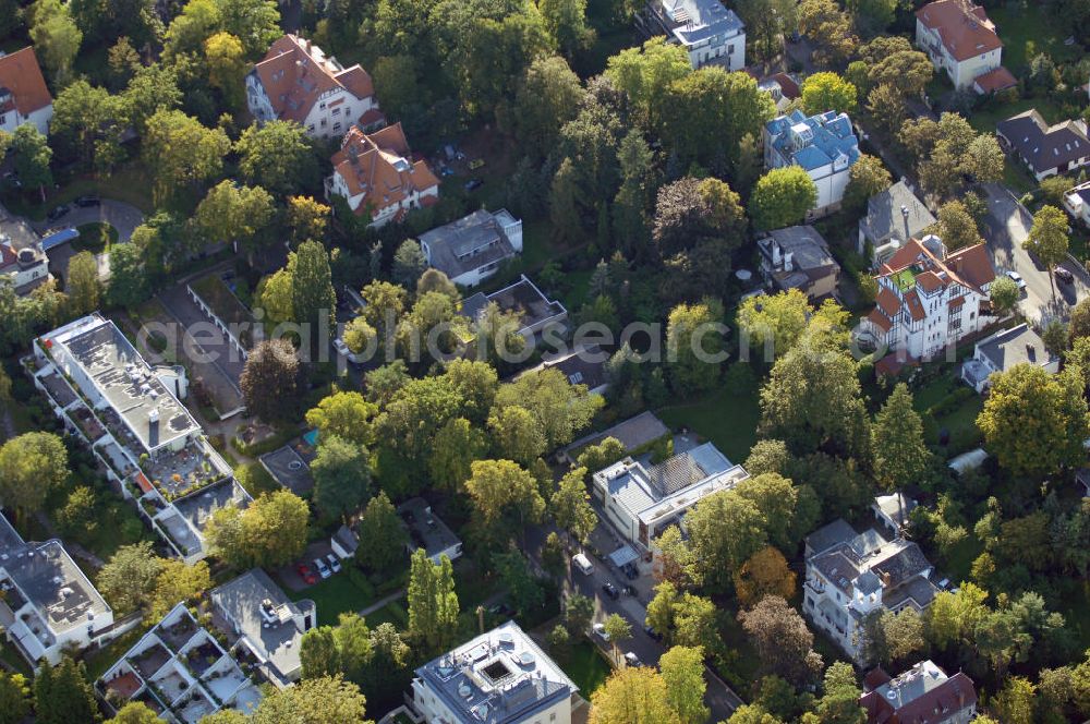 Berlin from above - Blick auf das die Ein- und Mehrfamilienhäuser im Wohngebiet an der Winklerstrasse / Trabener Strasse in Berlin-Grunewald am Dianasee.