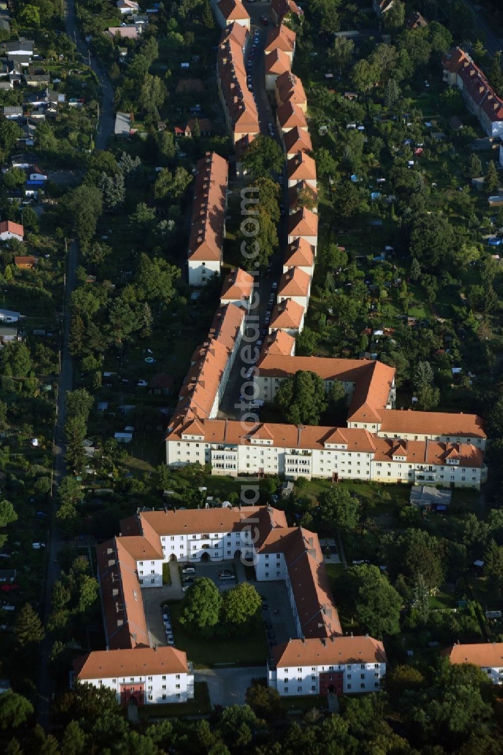 Aerial image Berlin - Residential area with estates in the Johannisthal part of the district of Treptow-Koepenick in Berlin. The estates are located in the South of Rixdorfer Strasse and East of Suedostallee. They are surrounded by green areas, parks and allotments