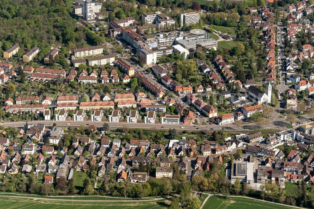 Aerial image Karlsruhe - Hospital grounds of the Clinic Ev. Diakonissenanstalt Karlsruhe-Rueppurr in the district Rueppurr in Karlsruhe in the state Baden-Wuerttemberg, Germany