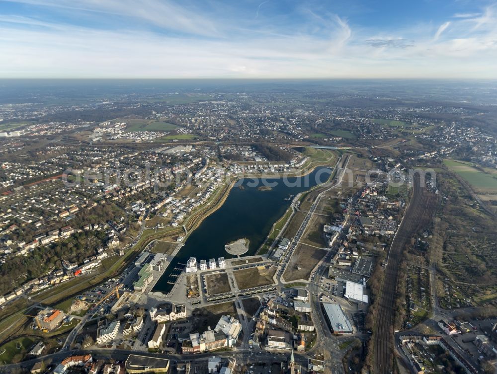 Aerial image Dortmund - View of the Lake Phoenix in Dortmund in the state North Rhine-Westphalia. The Lake Phoenix is an artificial lake on the area of the former steelwork Phoenix-Ost. Together with the circumjacent areal a housing area and a recreational area will be created