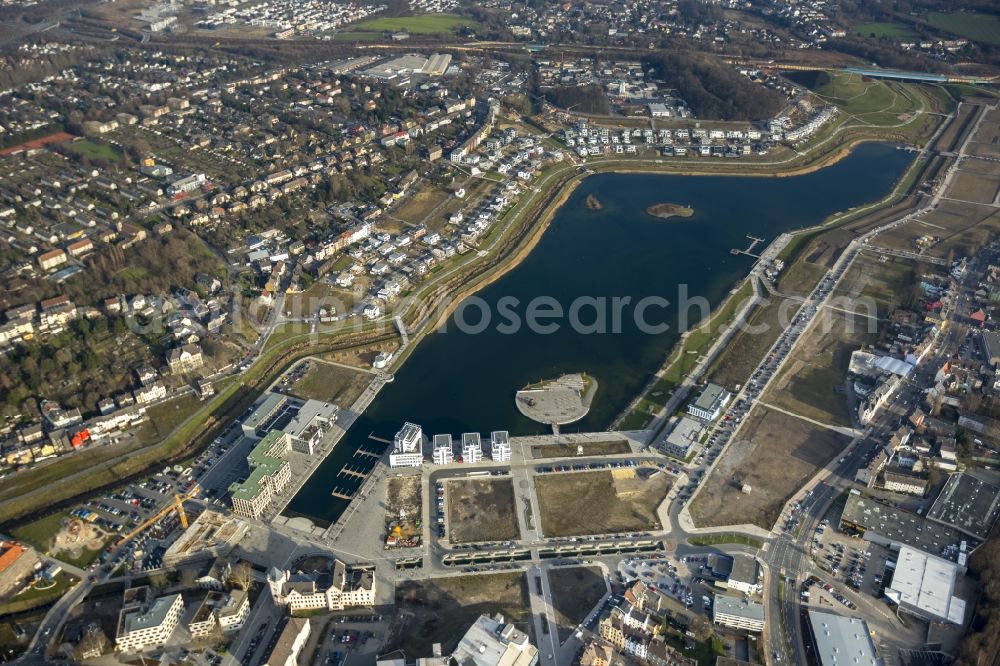 Aerial photograph Dortmund - View of the Lake Phoenix in Dortmund in the state North Rhine-Westphalia. The Lake Phoenix is an artificial lake on the area of the former steelwork Phoenix-Ost. Together with the circumjacent areal a housing area and a recreational area will be created