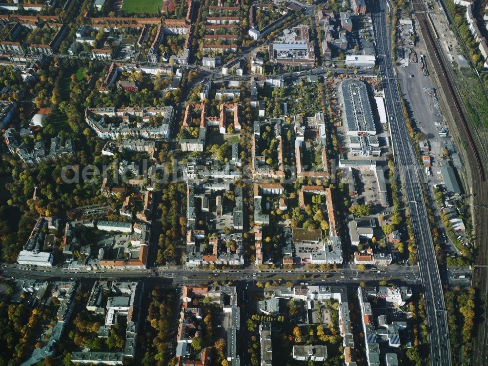 Berlin from above - Settlement in the district Tempelhof-Schoeneberg nearby the motorway A 100 and besides the road Tempelhofer Damm in Berlin in Germany