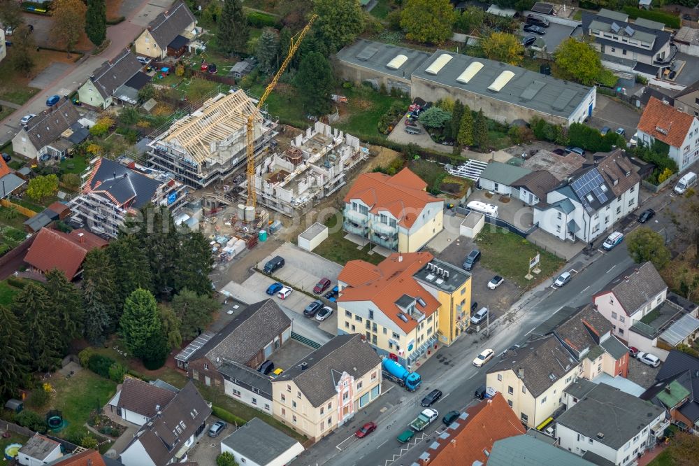 Bönen from above - Settlement along the Bahnhofstrasse in Boenen in the state North Rhine-Westphalia, Germany