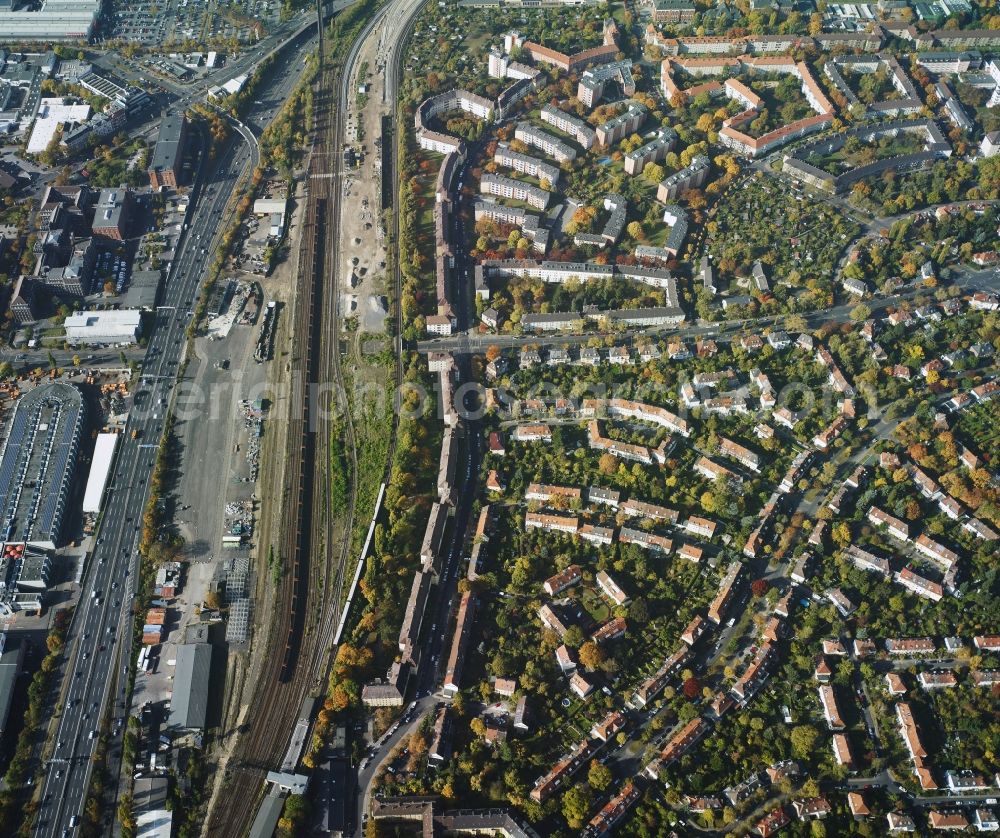 Aerial image Berlin - Settlement along the Boelckestrasse - Manfred von Richthofen street near the Tempelhofer Damm and the federal highway BAB A 100 in Berlin. In the picture as well the suburban train station Tempelhof