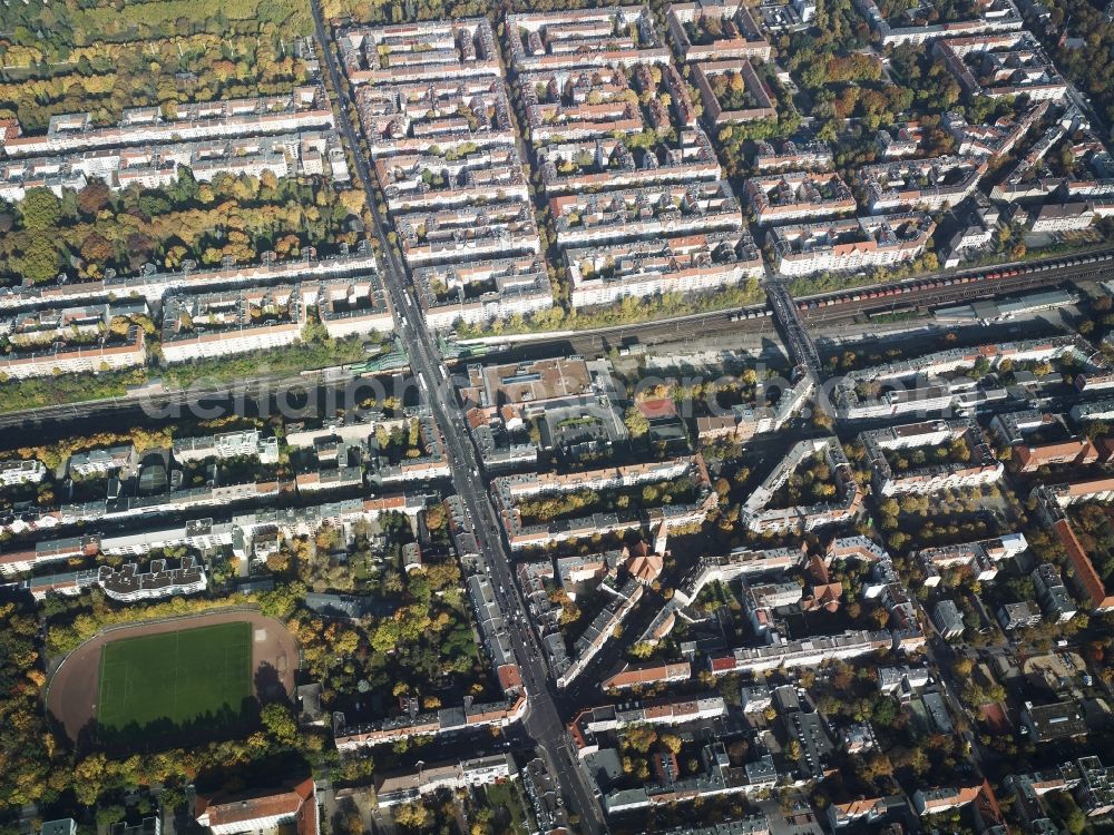 Berlin from above - Residential area along the Silbersteinstrasse - Buschkrugallee the sports field Mariendorfer way in the district of Neukoelln in Berlin