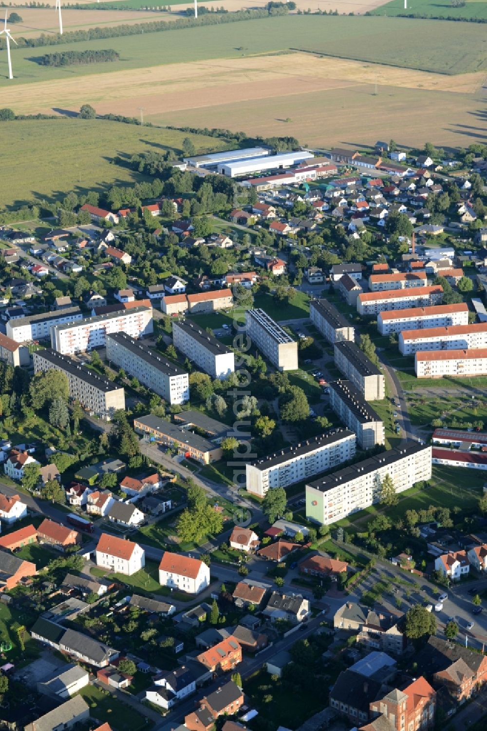 Karstädt from above - Residential estate in Karstaedt in the state of Brandenburg. The apartment blocks are located on Strasse der Freundschaft