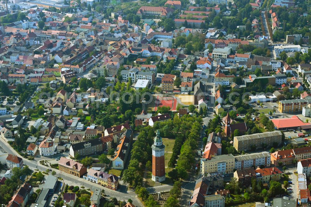 Aerial image Finsterwalde - Residential area along the park with the old water tower in Finsterwalde in the state Brandenburg, Germany