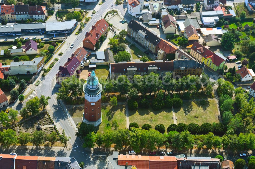 Finsterwalde from above - Residential area along the park with the old water tower in Finsterwalde in the state Brandenburg, Germany