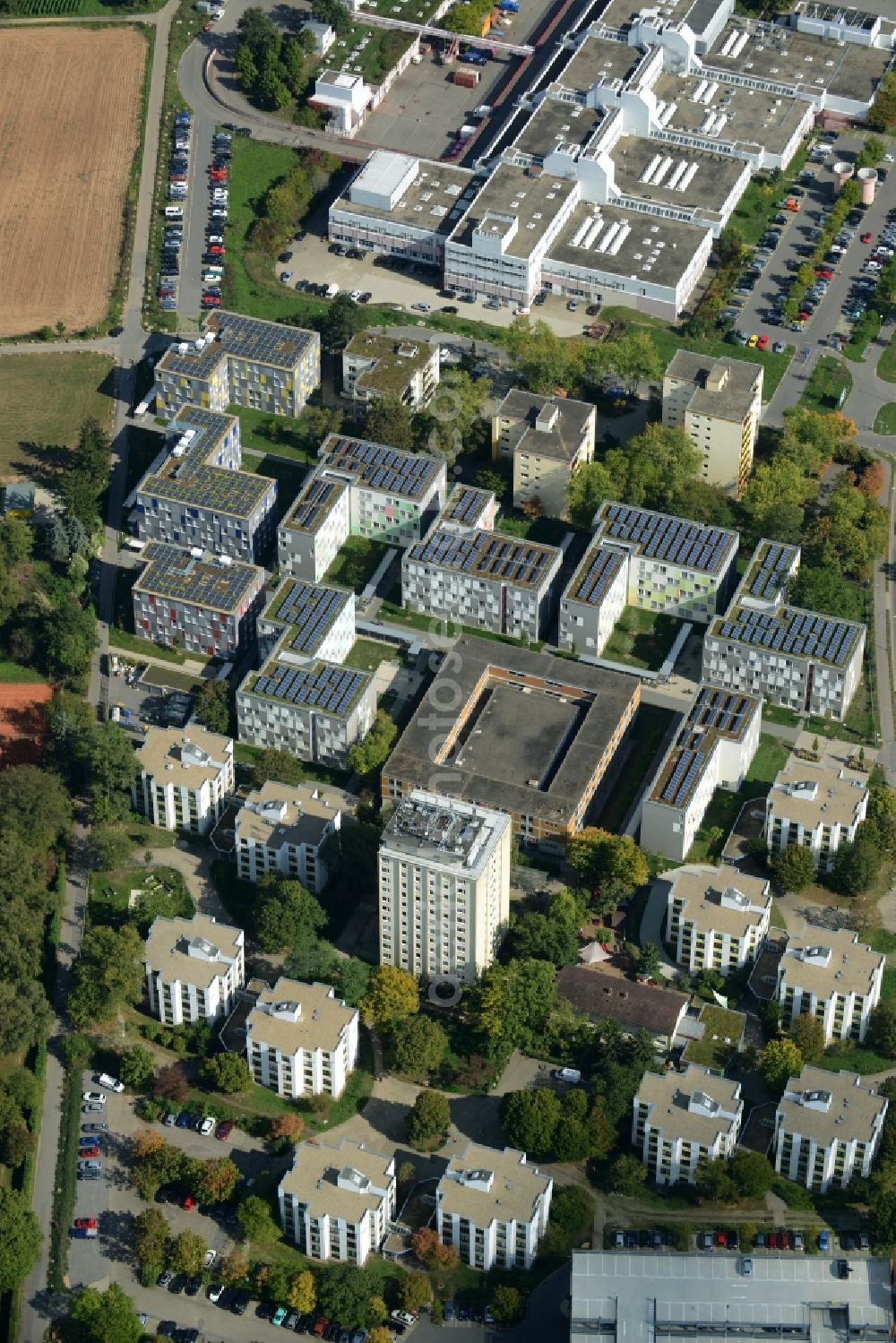 Heidelberg from the bird's eye view: Residential area with students accommodations on Neuenheimer Feld in Heidelberg in the state of Baden-Wuerttemberg