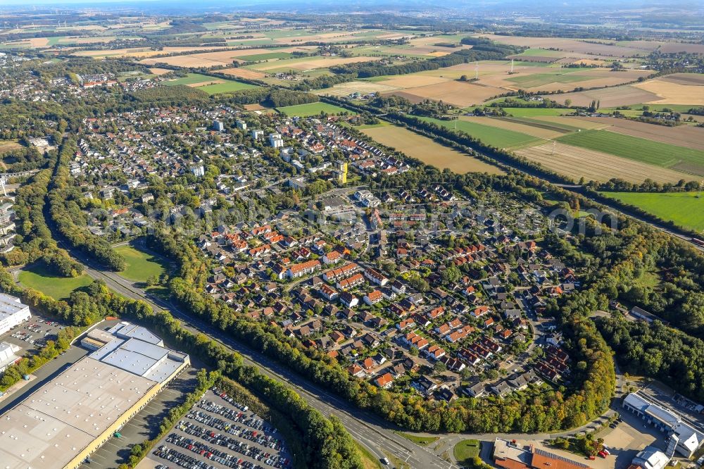 Unna from above - Settlement between of Bandesstrasse B1 and of Autobahn A44 in Unna in the state North Rhine-Westphalia, Germany