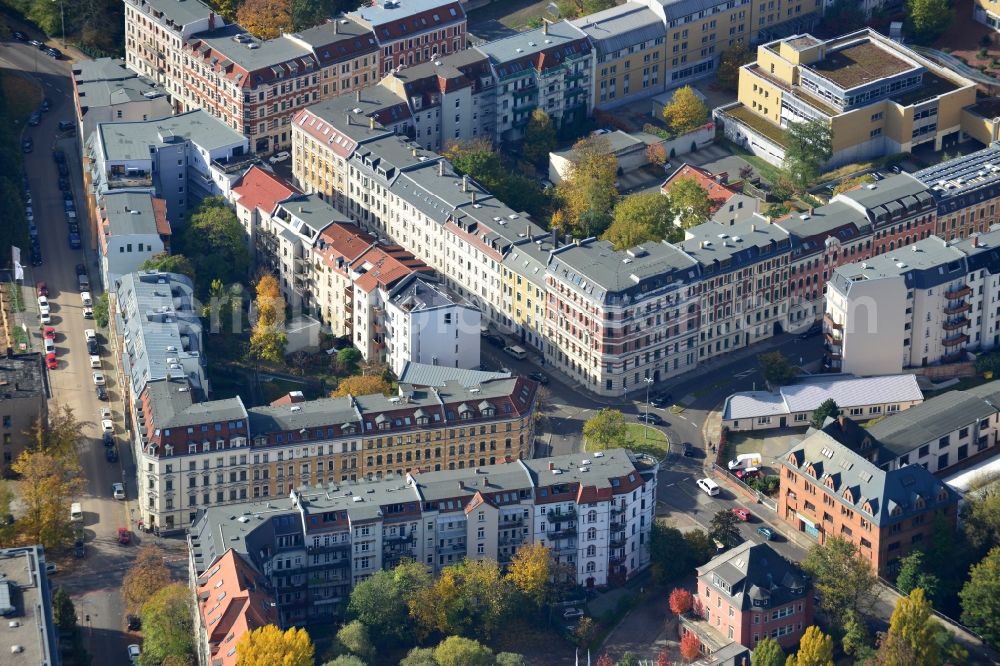 Leipzig OT Plagwitz from the bird's eye view: View of residential buildings in the district of Plagwitz in Leipzig in the state of Saxony