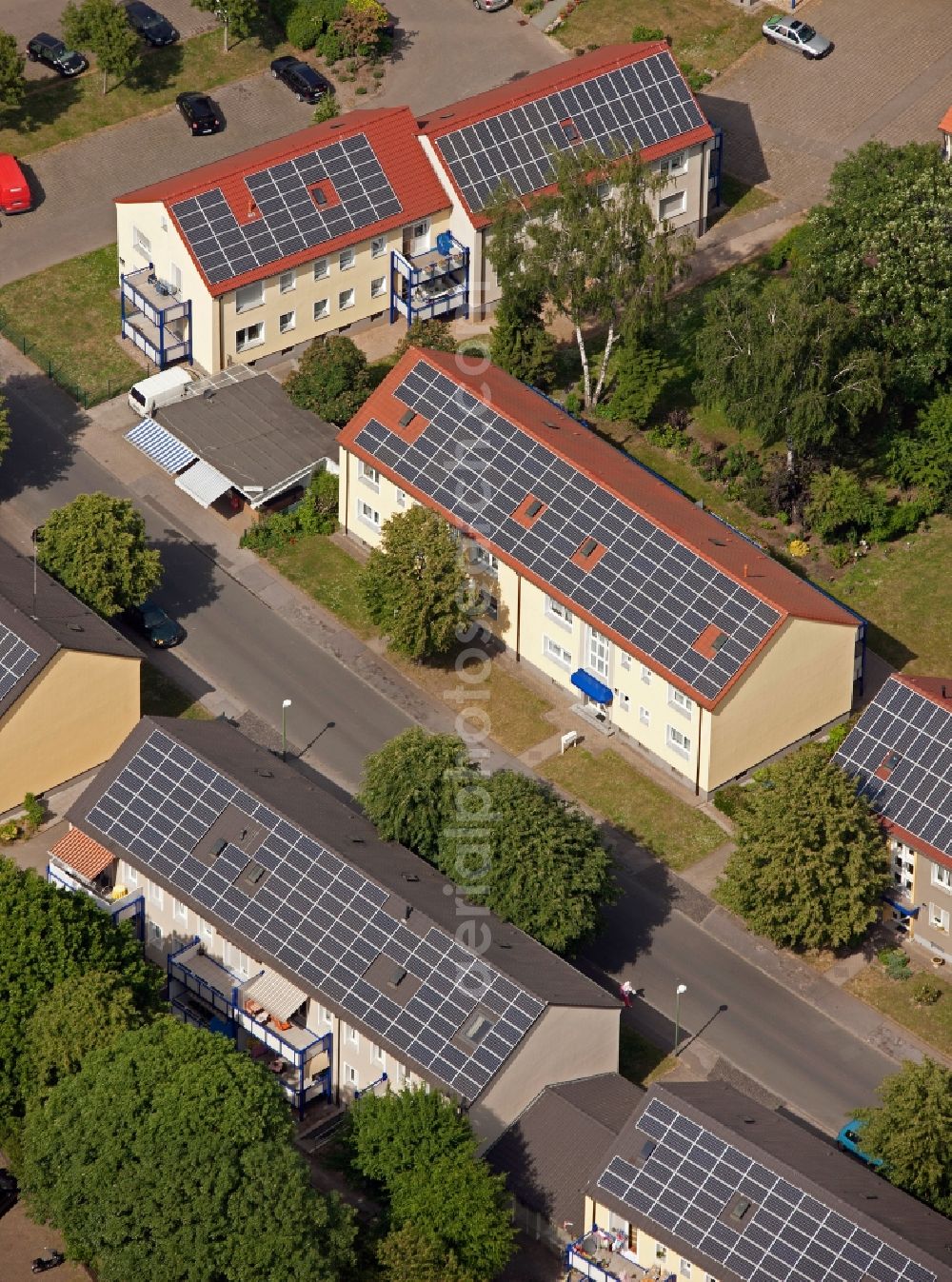 Bottrop from above - View of residential buildings with photovoltaics roof in Bottrop in the state of North-Rhine Westphalia