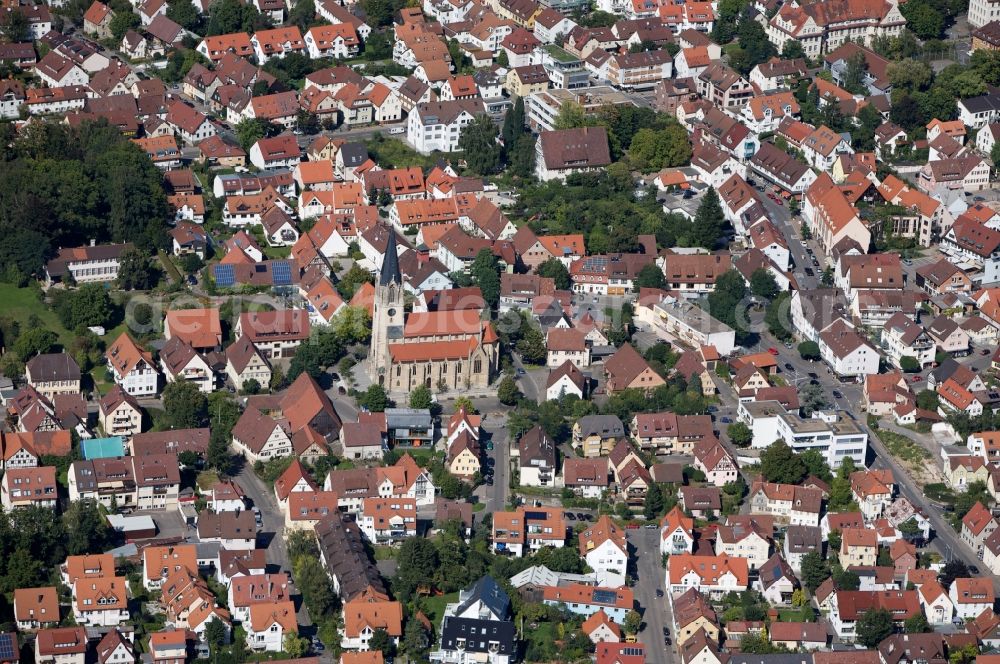 Aerial image Stuttgart - Moehringen is a borough south of Stuttgart, in the state Baden-Wuerttemberg. The cityscape is characterized by small single- and multi-family houses. Located in the center is the church Martinskirche, also known as Filderdom