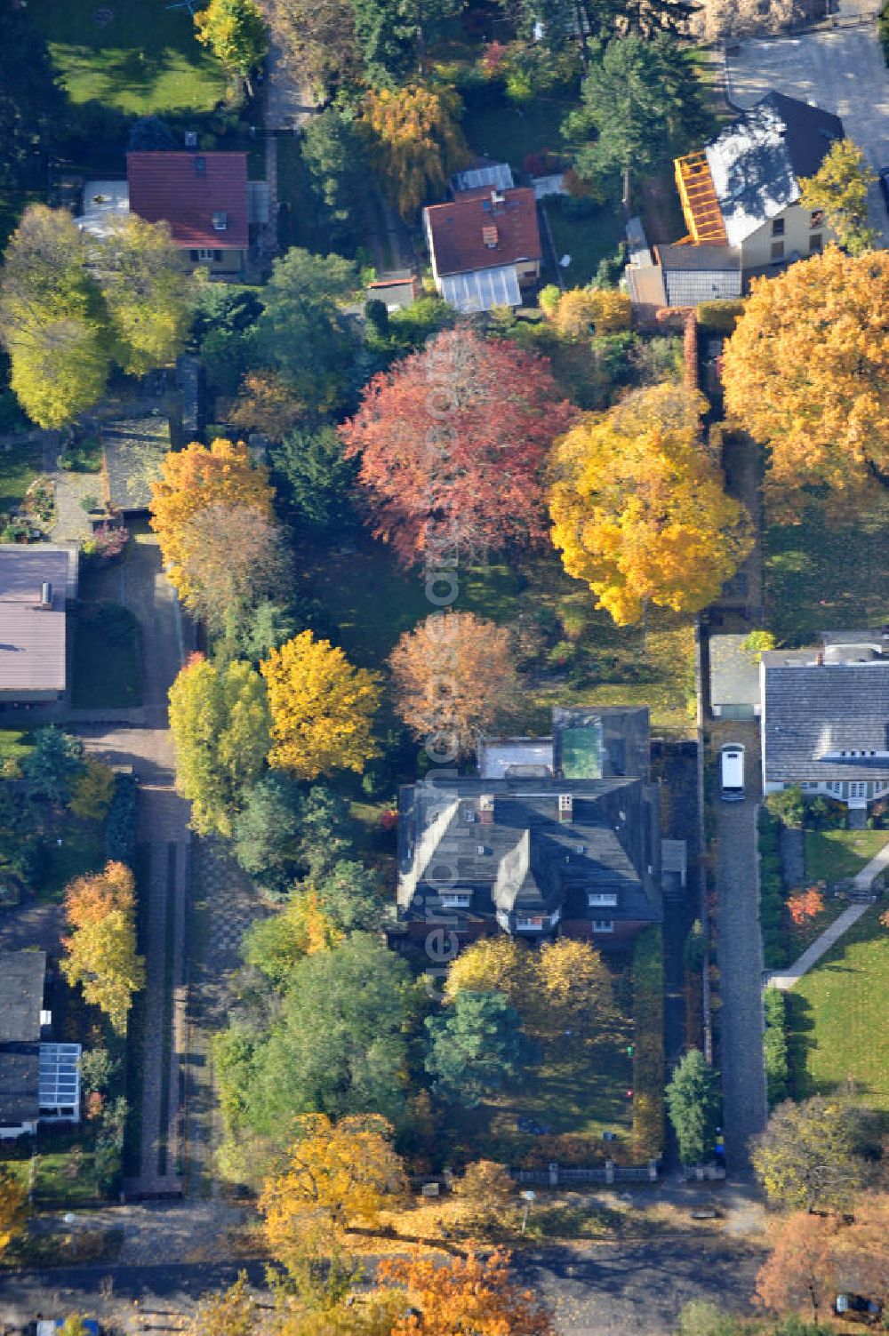 Aerial image Potsdam - Babelsberg - Blick auf das vom herbstlichem Baumbestand umgebene Wohnhaus an der Rosa-Luxemburg-Strasse 21 in 14482 Potsdam-Babelsberg