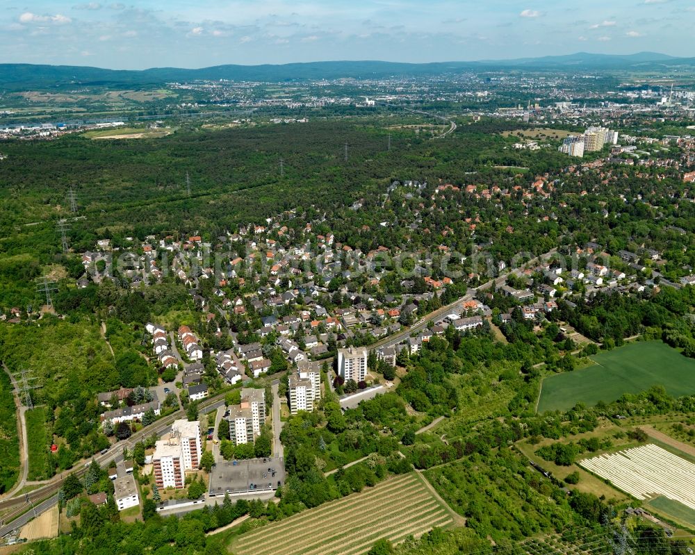 Aerial photograph Mainz - Residential buildings on Finther Landstrasse in Mainz in the state of Rhineland-Palatinate. The high rises are located in the West of the Gonsenheim district between Finther Landstrasse and the Gonsbach creek