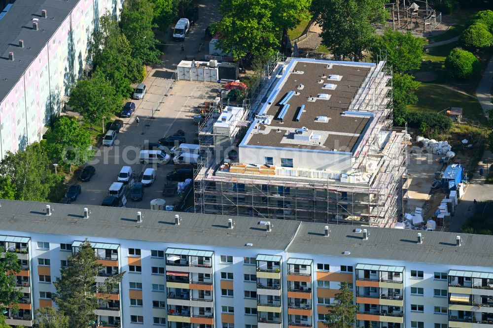 Bernau from above - Construction site of Dorm residential care home - building for the physically handicapped on Hermann-Duncker-Strasse in Bernau in the state Brandenburg, Germany