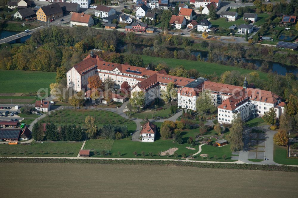 Untermarchtal from above - Dorm residential care home - building for the physically handicapped Wohnpark Maria Hilf on street Freiherr-von-Speth-Strasse in Untermarchtal in the state Baden-Wuerttemberg, Germany