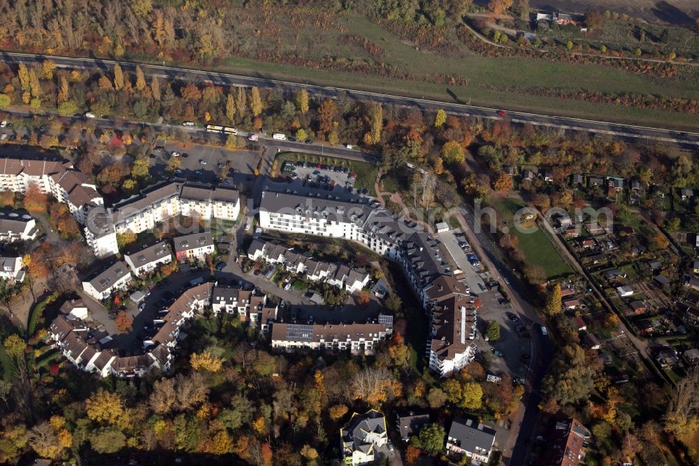 Mainz from above - View of the Laubenheim, part of Mainz in the state of Rhineland-Palatinate. The district is located on the riverbank of the Rhine, in the South of Mainz, and is partly surrounded by fields and agricultural land