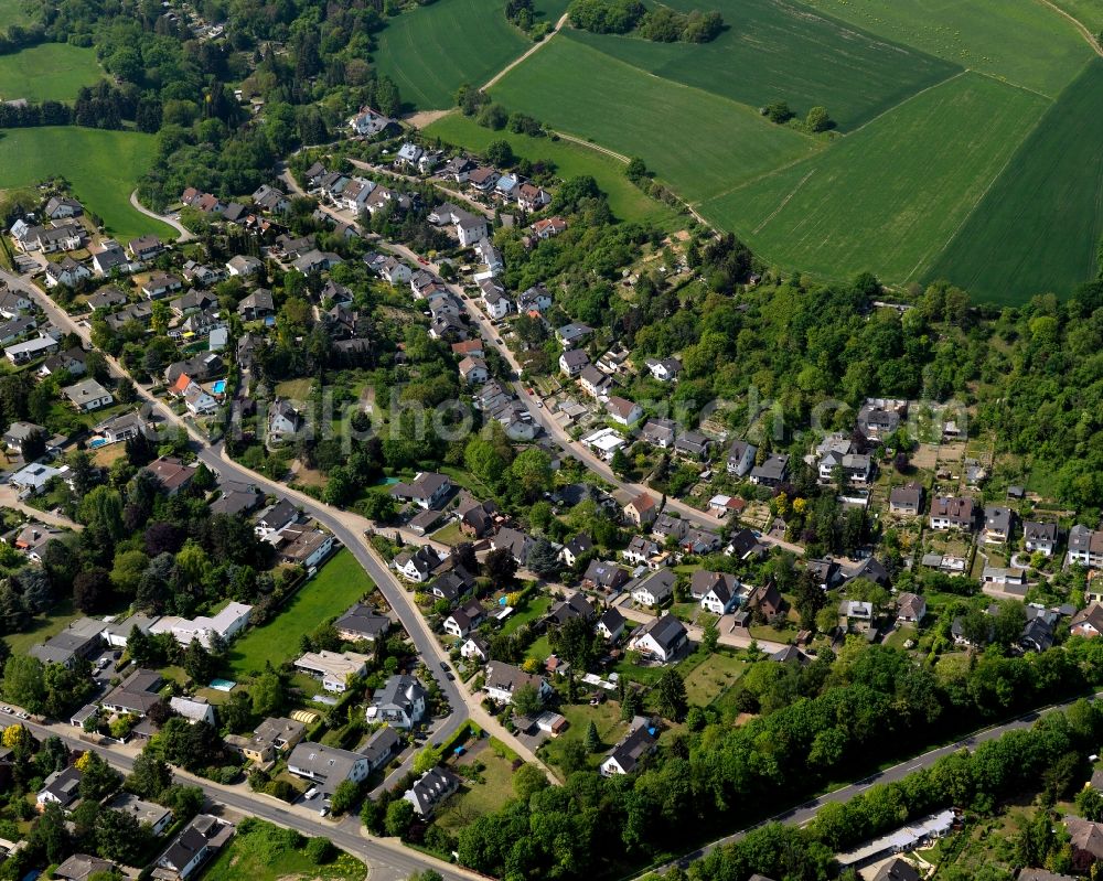 Andernach from the bird's eye view: Residential buildings and gardesn on the edges of Andernach in the state of Rhineland-Palatinate. The town is located in the county district of Mayen-Koblenz on the left riverbank of the river Rhine. The town is characterised by industry, consists of five boroughs and districts and belongs to the oldest towns in Germany. The edge of Andernach is home to residential streets, allotments and single family houses which border fields and meadows