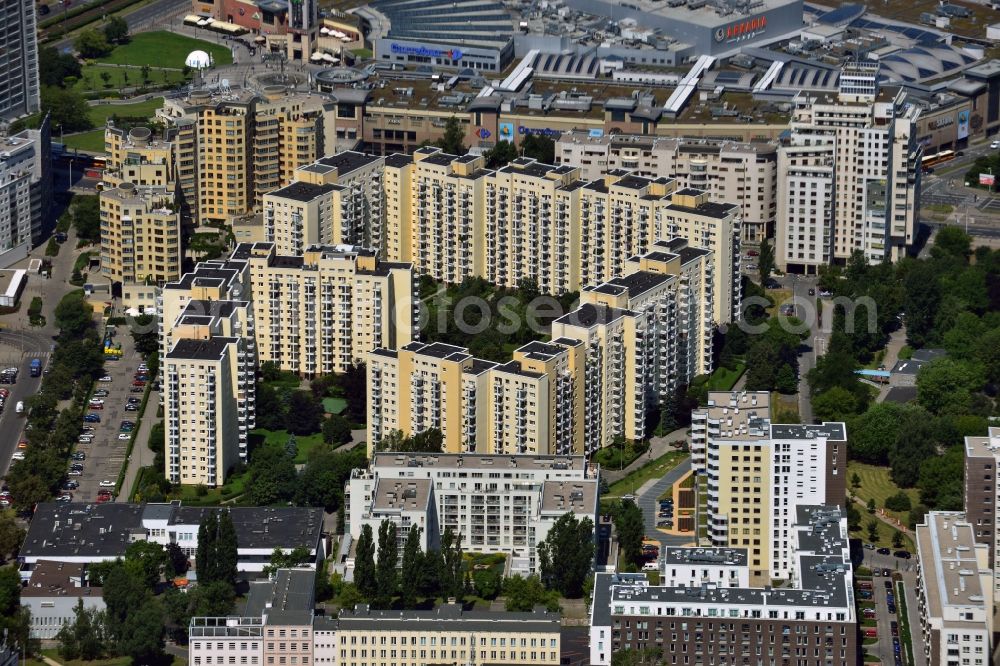 Aerial image Warschau - Residential area and buildings next to Arkadia Shopping Mall in downtown Warsaw in Poland. The high rise buildings are located south of the mall. The buildings are adjacent to the traffic junction Rondo Radoslawa