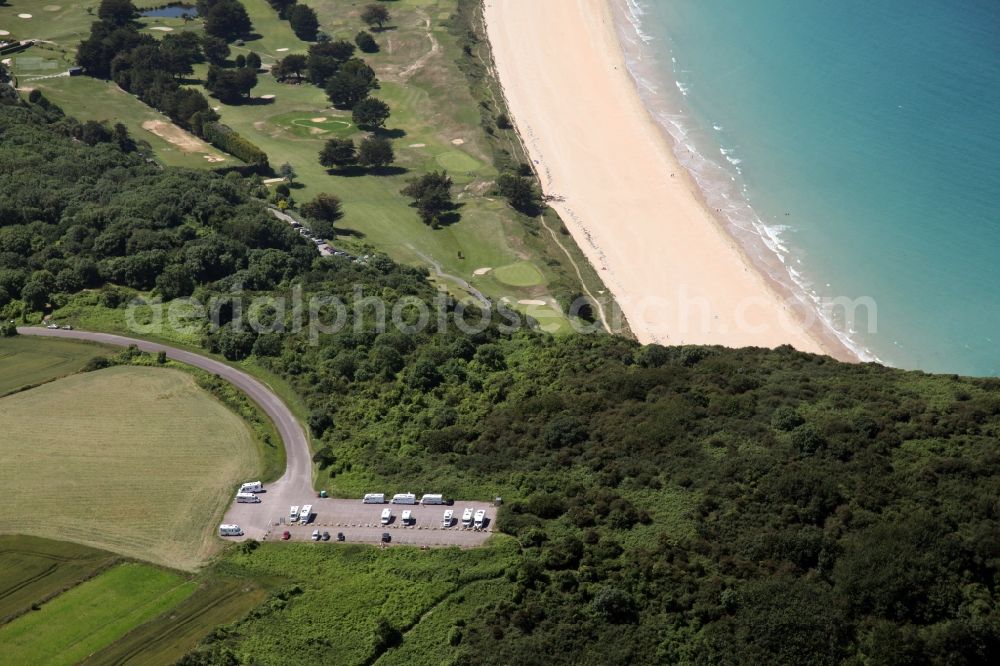 Aerial image Saint-Cast-le-Guildo - Motorhome parking space and coastline on the sandy beach of Plage de Pen Guen in Saint-Cast-le-Guildo in Brittany, France