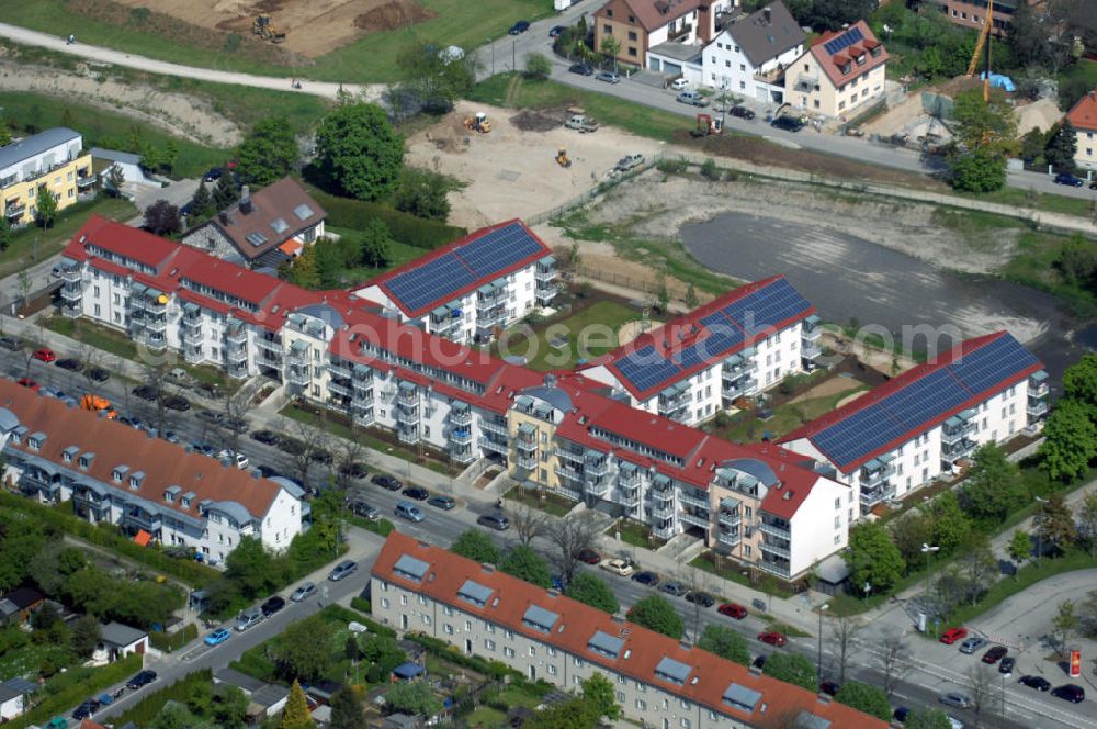 Aerial photograph MÜNCHEN - 06.05.2008 München (Bayern) Blick auf Wohnneubau am Areal der Sankt-Michael-Straße / Kampenwandstrasse in Riem durch die Baugesellschaft Gebr. Rank GmbH & Co. München, Emil-Geis-Str. 1, Tel. 089/72442-0 , Herr Eder gebr.rank@rank-bau.de