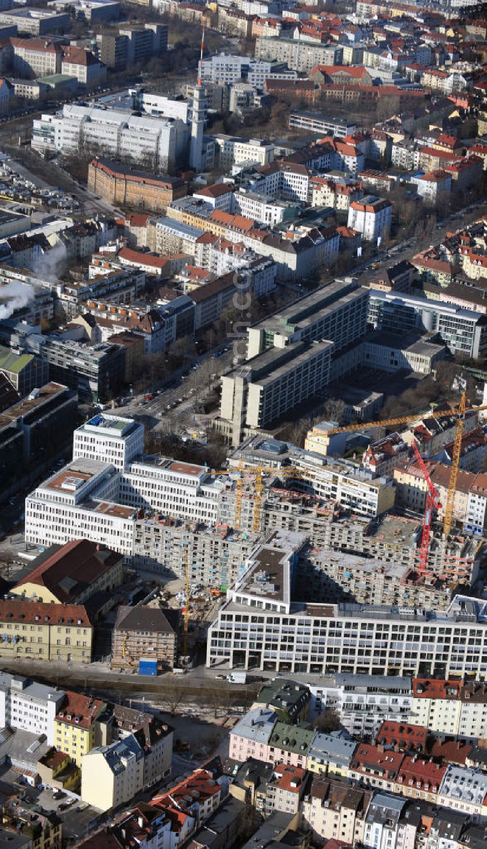 München from above - Construction of residential Nymphenburger Innenhöfe in Munich Maxvorstadt