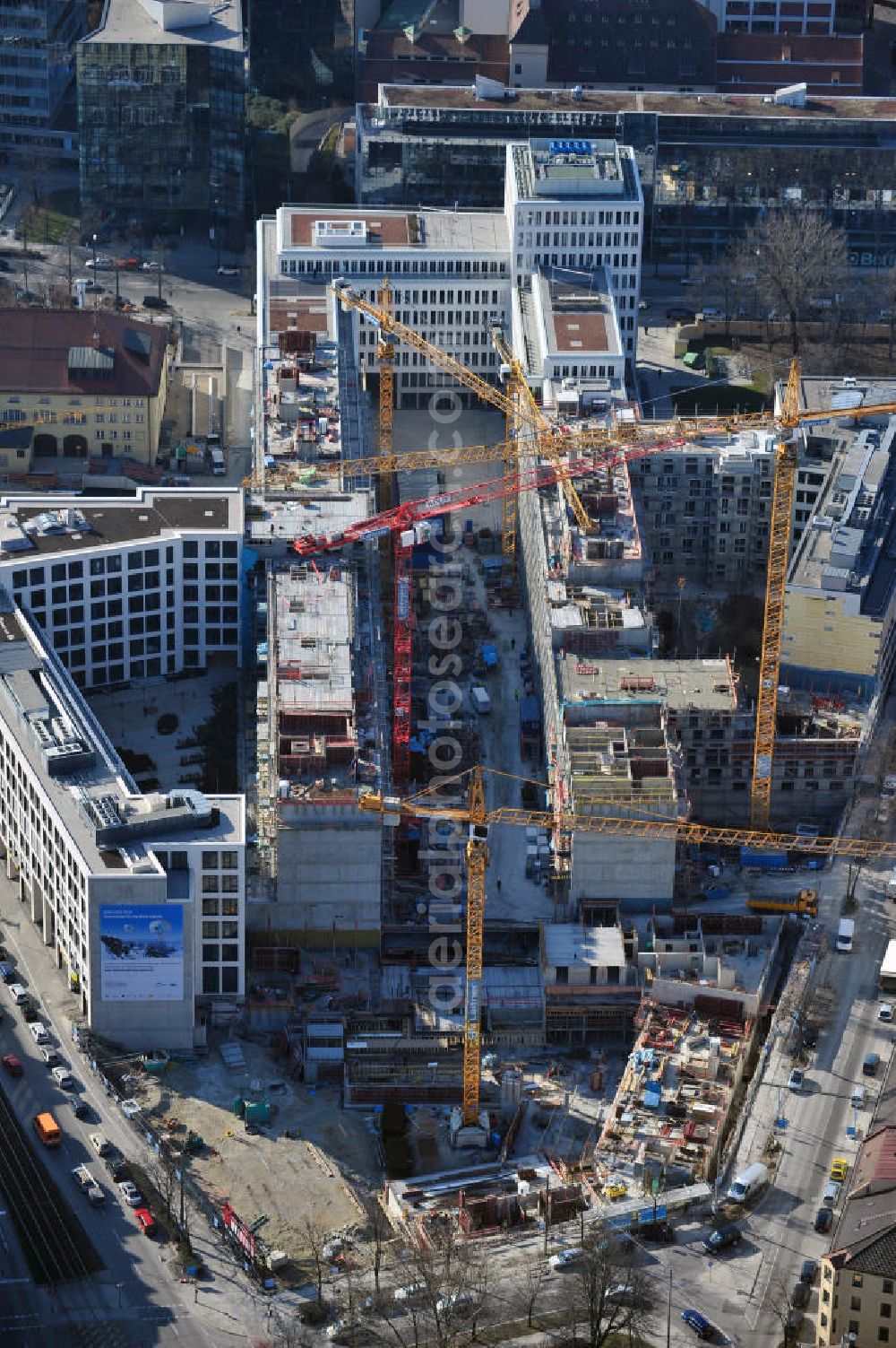 Aerial image München - Construction of residential Nymphenburger Innenhöfe in Munich Maxvorstadt