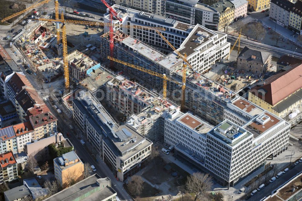 München from above - Construction of residential Nymphenburger Innenhöfe in Munich Maxvorstadt