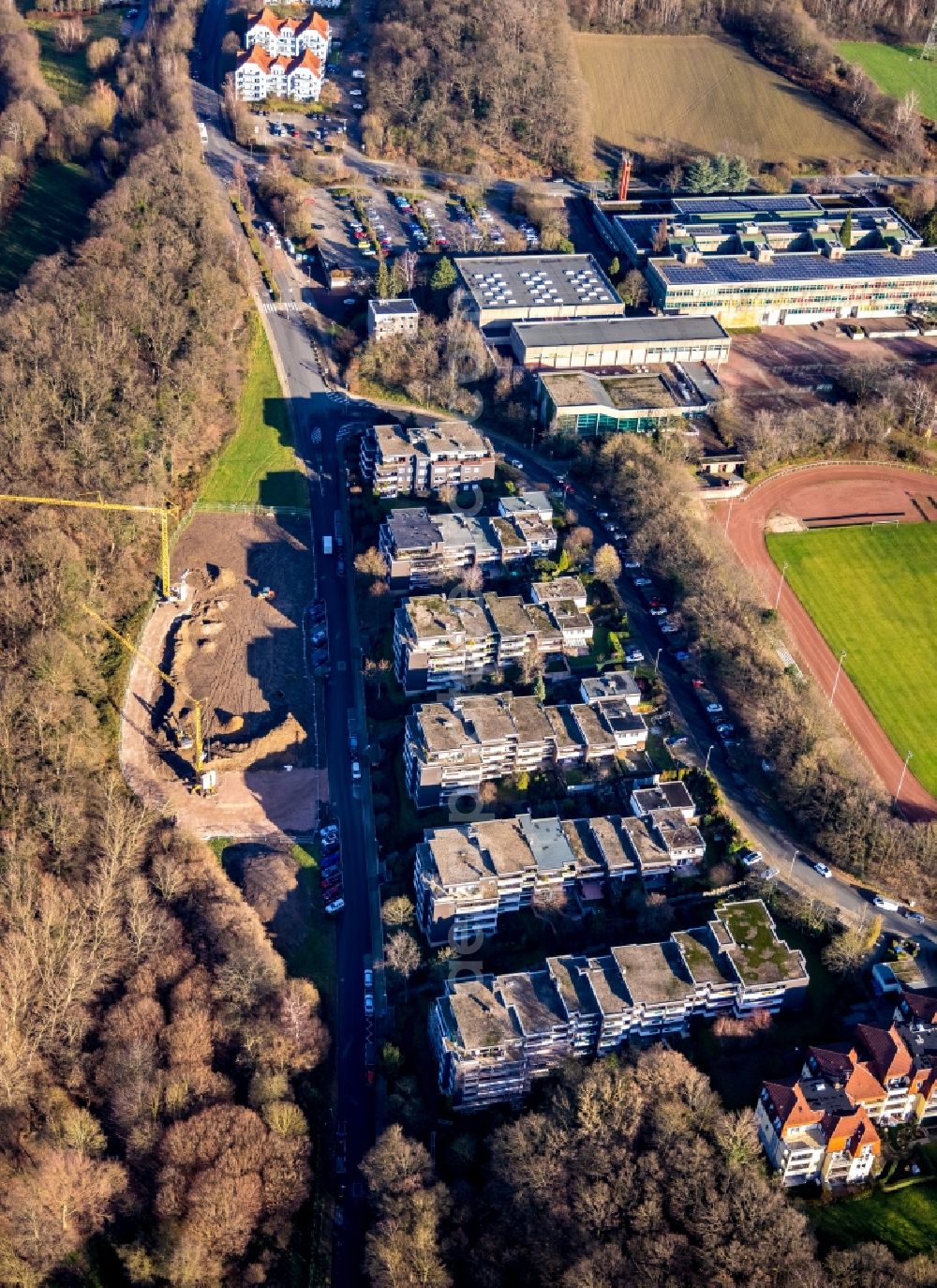 Hattingen from the bird's eye view: Residential area of the multi-family house settlement - Wohnpark Hoelter Busch in Hattingen in the state North Rhine-Westphalia, Germany