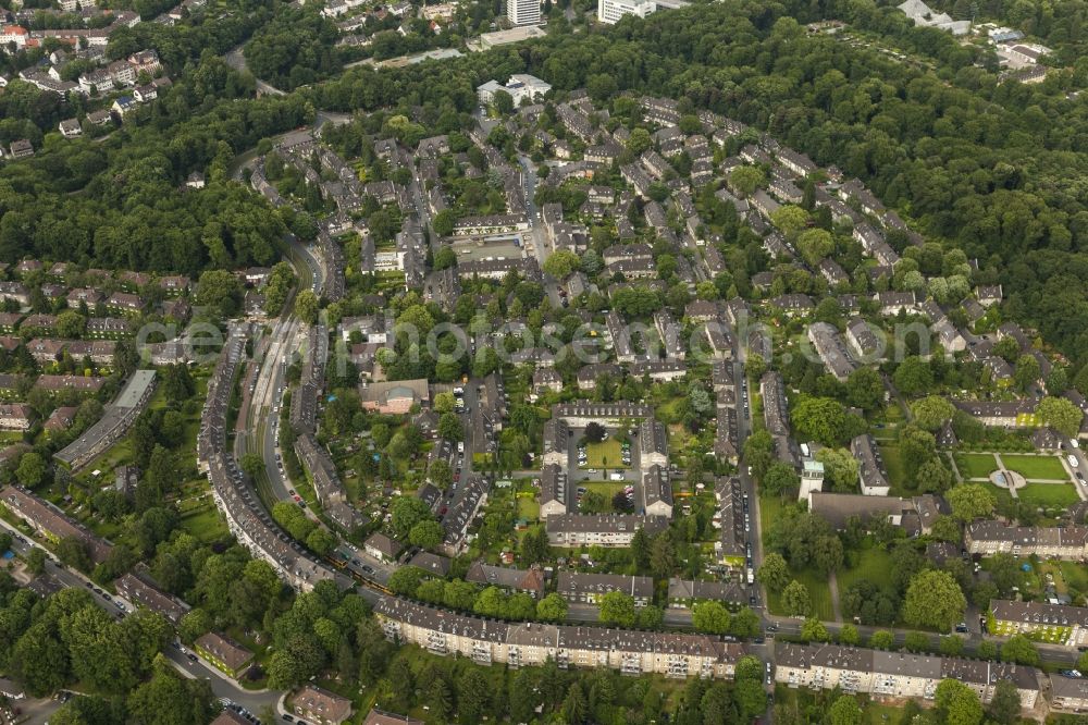 Aerial image Essen - View of the housing estate Margarethenhöhe in Essen in the state North Rhine-Westphalia. This housing estate is deemed to be the first german garden town concerning its structure