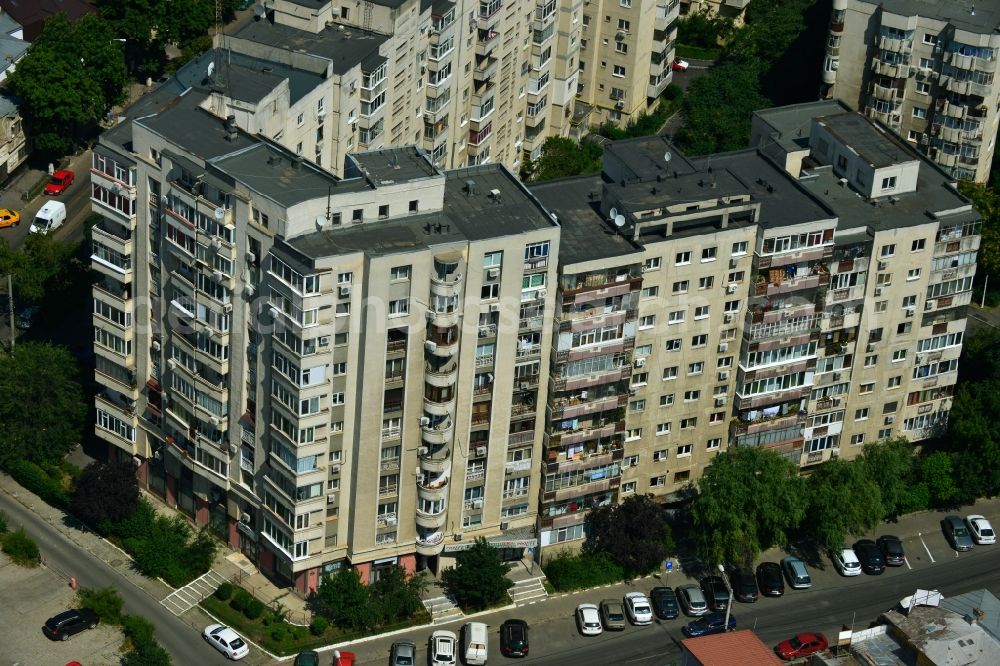 Aerial image Bukarest - View the housing estate with prefab apartment buildings on the Strada Grigore Ionescu corner Maica Domnului in the capital, Bucharest, Romania