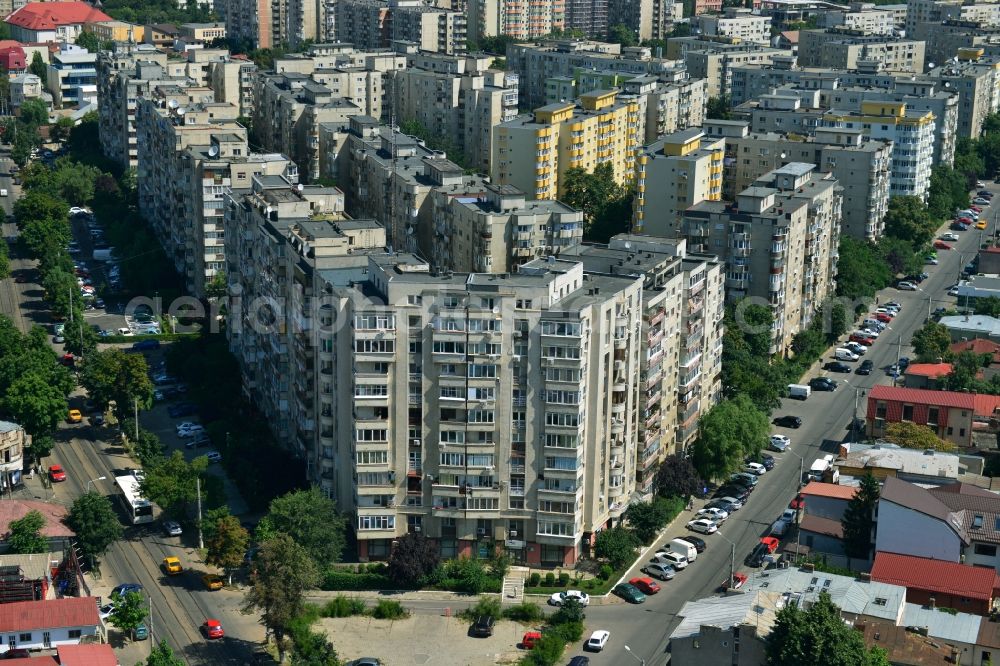 Aerial image Bukarest - View the housing estate with prefab apartment buildings on the Strada Grigore Ionescu corner Maica Domnului in the capital, Bucharest, Romania