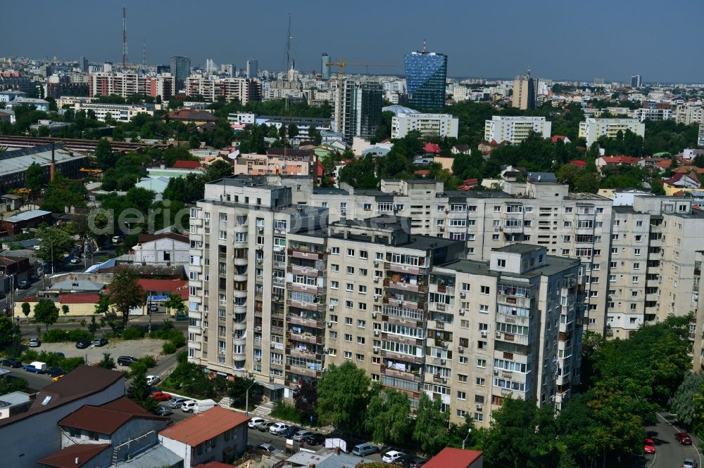 Aerial image Bukarest - View the housing estate with prefab apartment buildings on the Strada Grigore Ionescu corner Maica Domnului in the capital, Bucharest, Romania