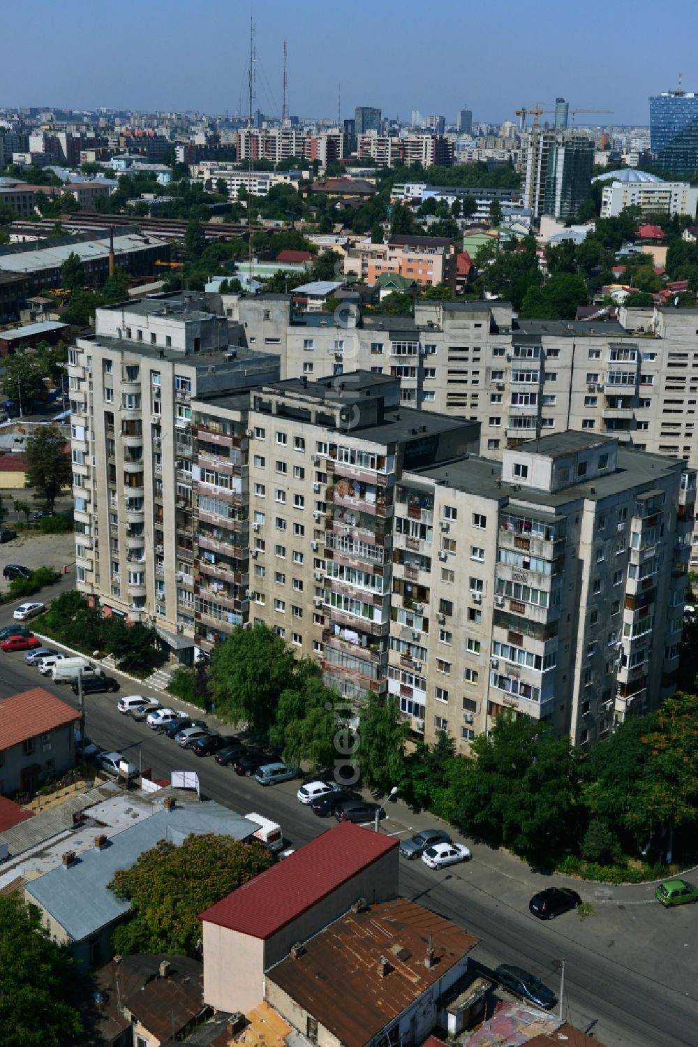 Aerial photograph Bukarest - View the housing estate with prefab apartment buildings on the Strada Grigore Ionescu corner Maica Domnului in the capital, Bucharest, Romania